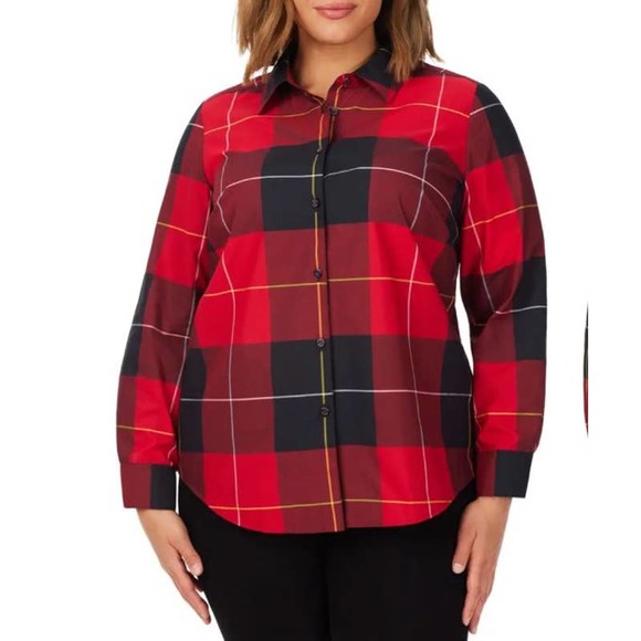 Foxcroft Rhea Plaid Cotton Blend Button-Up Long Sleeve Shirt-Size 14 - Picture 8 of 9